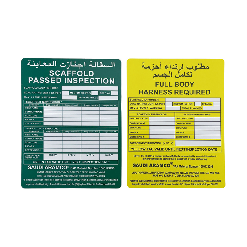 Etiquetas de andaime seguro OP023 com acabamento fosco durável ao ar livre